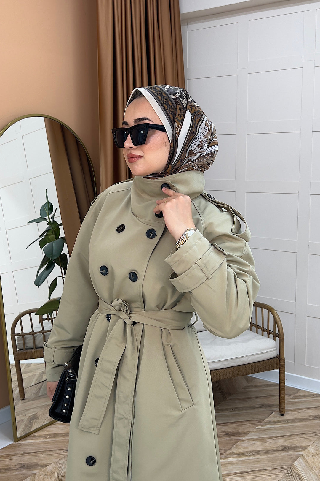 Elora Kuşaklı Uzun Trençkot Yeşil 5535-YESIL