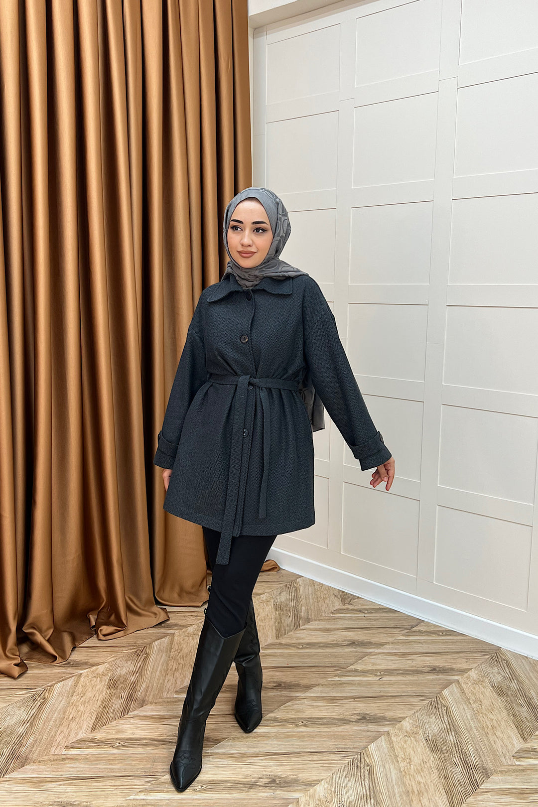 Bensu Kuşaklı Kaşe Kaban Siyah 5518-SIYAH