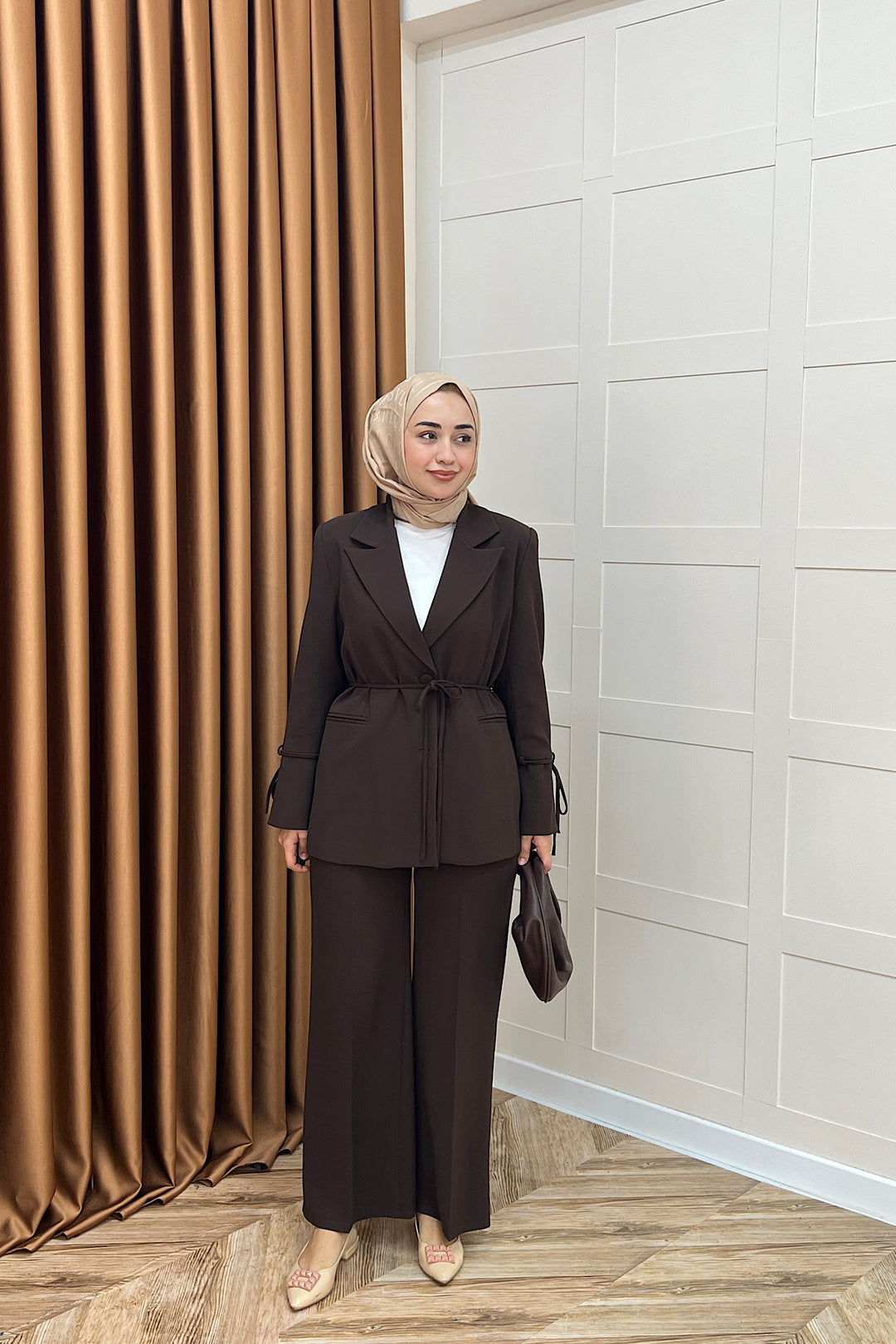 Kuşak Detay Ceket Takım Kahverengi 5004-KAHVERENGI