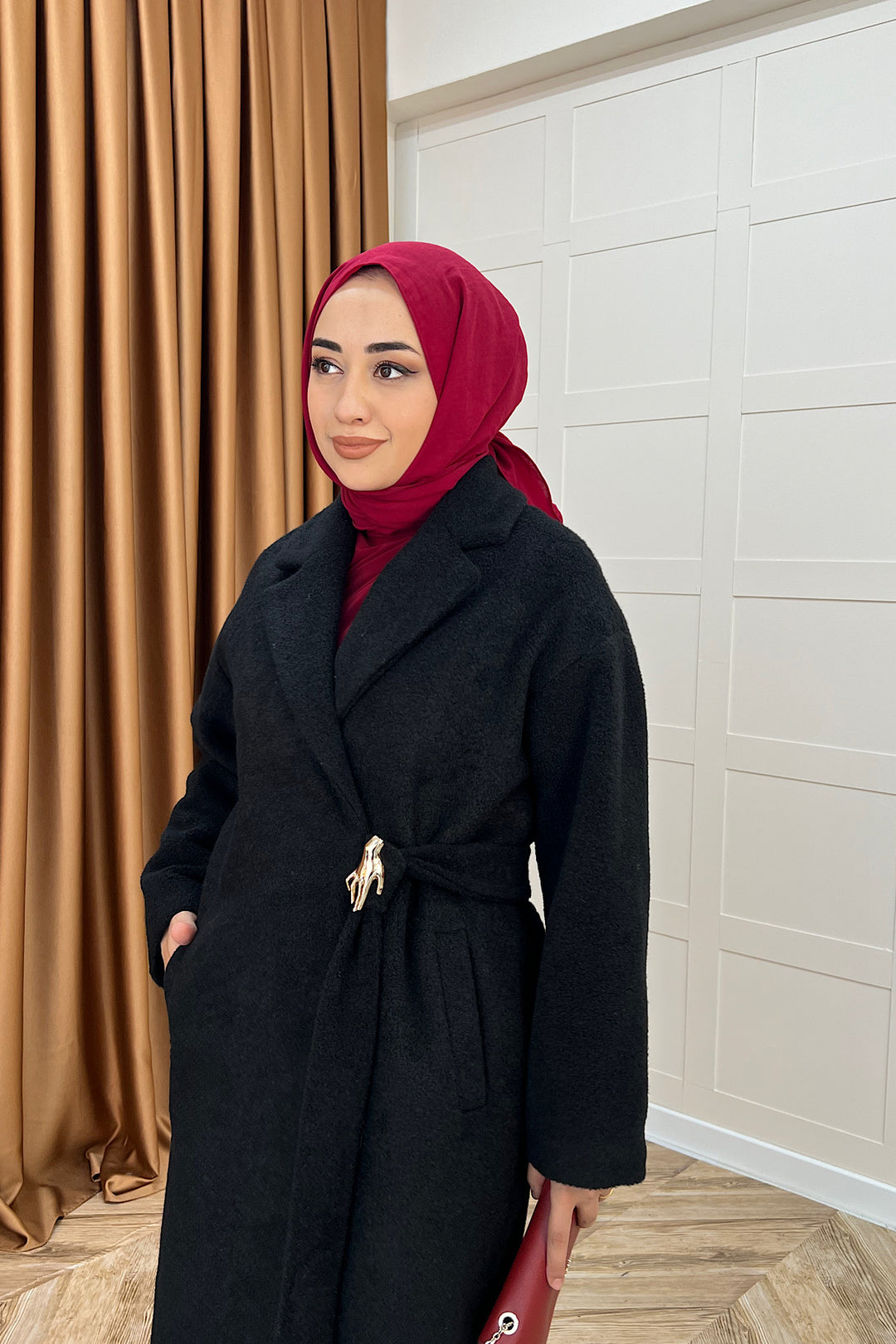 Yaren Premium Kumaş Broş Detay Kaban Siyah 5511-SIYAH