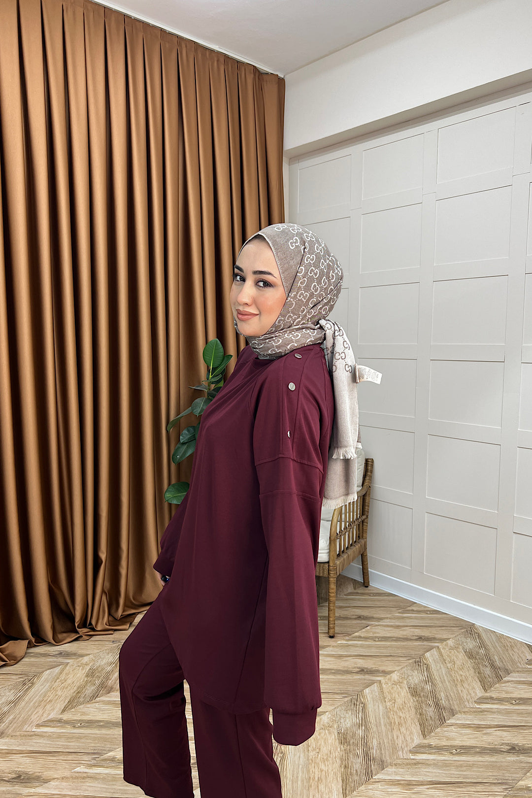 Luna Omuz Düğme Detay İkili Takım Bordo 3139-BORDO