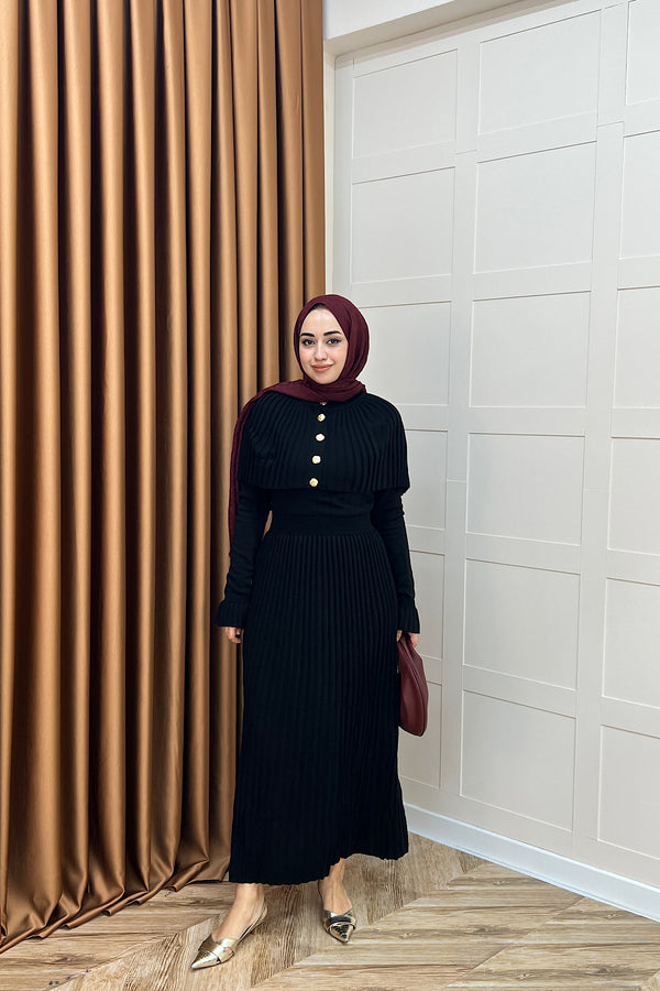 Kelebek Pelerinli Triko Elbise Siyah 10200-SIYAH