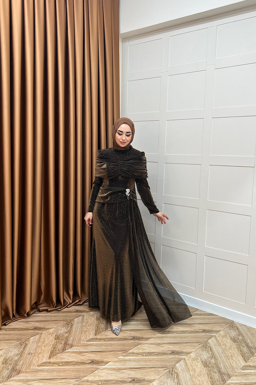 Helena Çiçek Taşlı Abiye Kahverengi 3097-KAHVERENGI