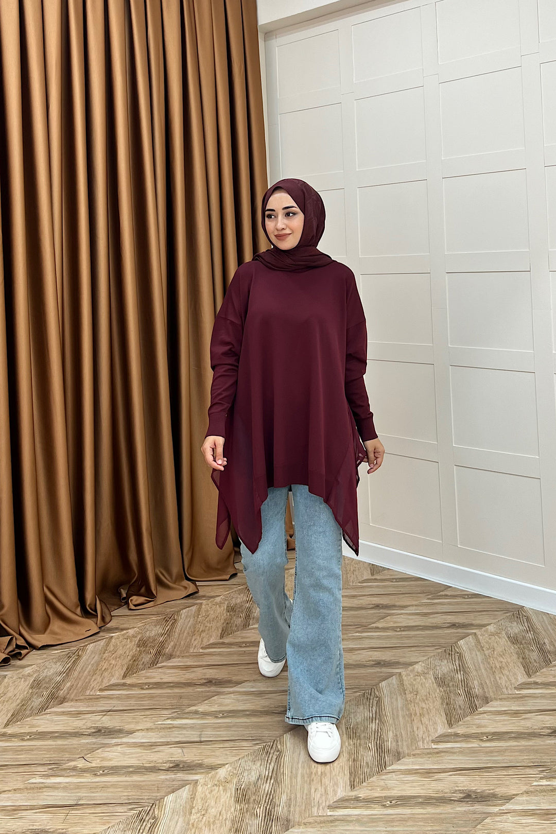 Hüda Şifon Detaylı Triko Tunik Bordo 24290-BORDO