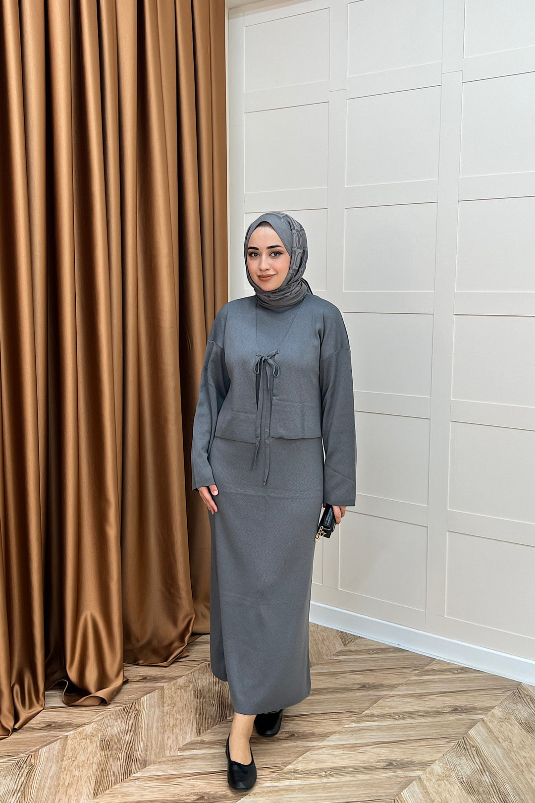 Ester Croplu İkili Triko Elbise Gri 25160-GRİ