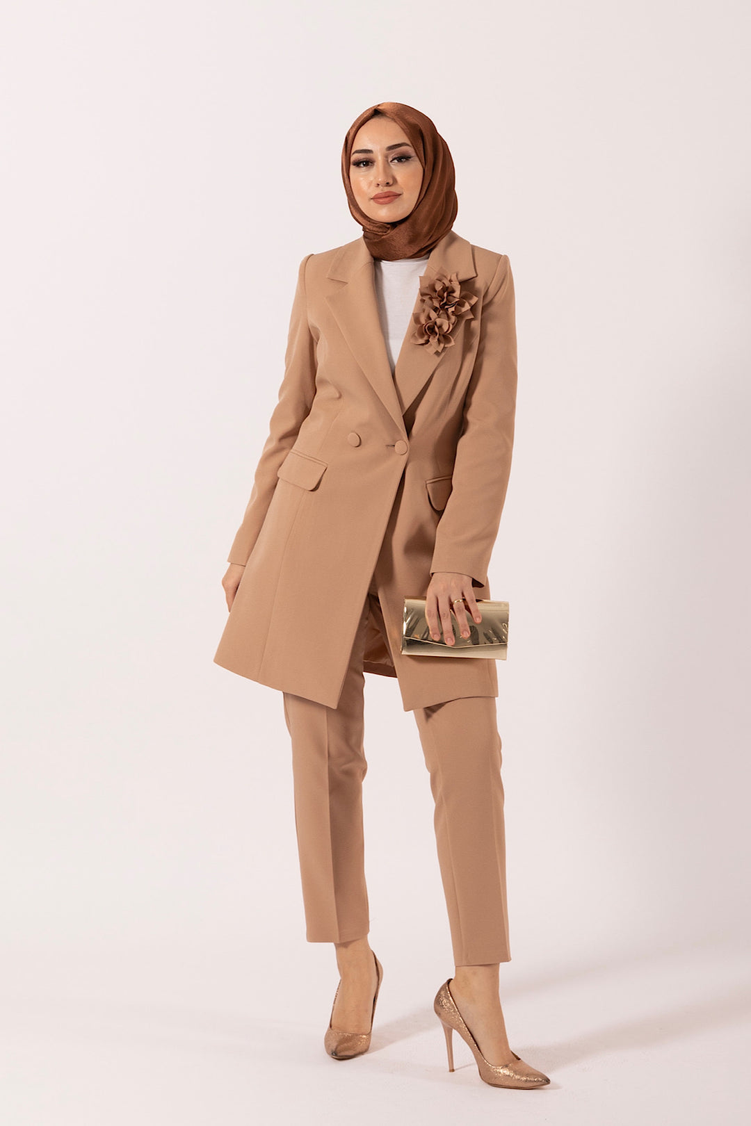Çiçek Broşlu Ceket Takım Camel 6150-CAMEL