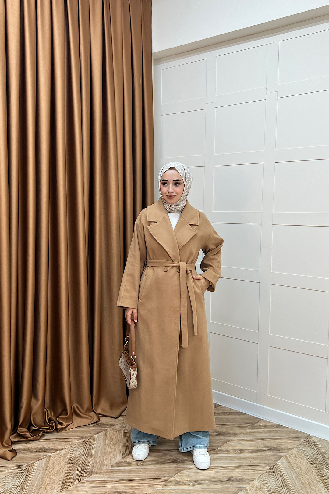 Retro Premium Kumaş Uzun Kaşe Kaban Camel 5509-CAMEL