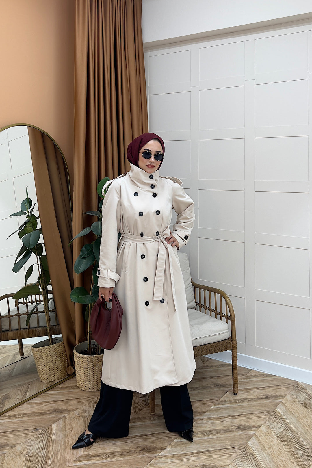 Elora Kuşaklı Uzun Trençkot Taş 5535-TAS