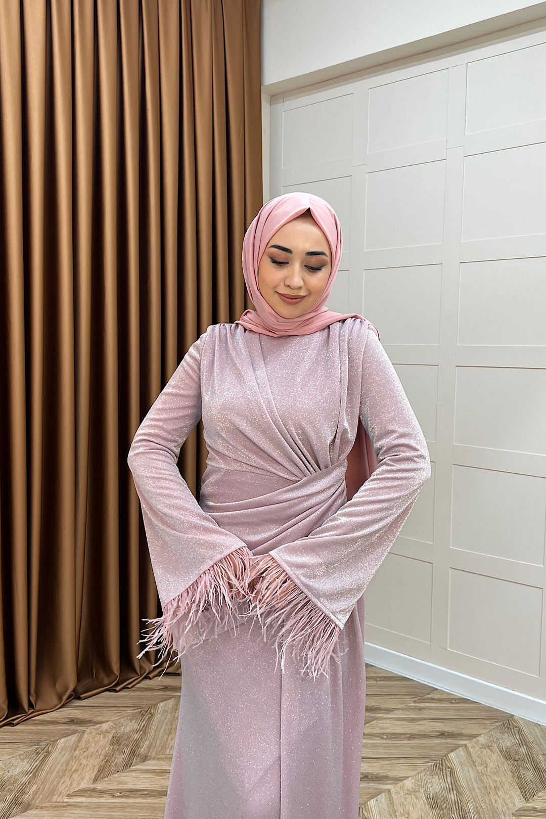 Rosalin Tüy Detay Abiye Pudra 3088-PUDRA