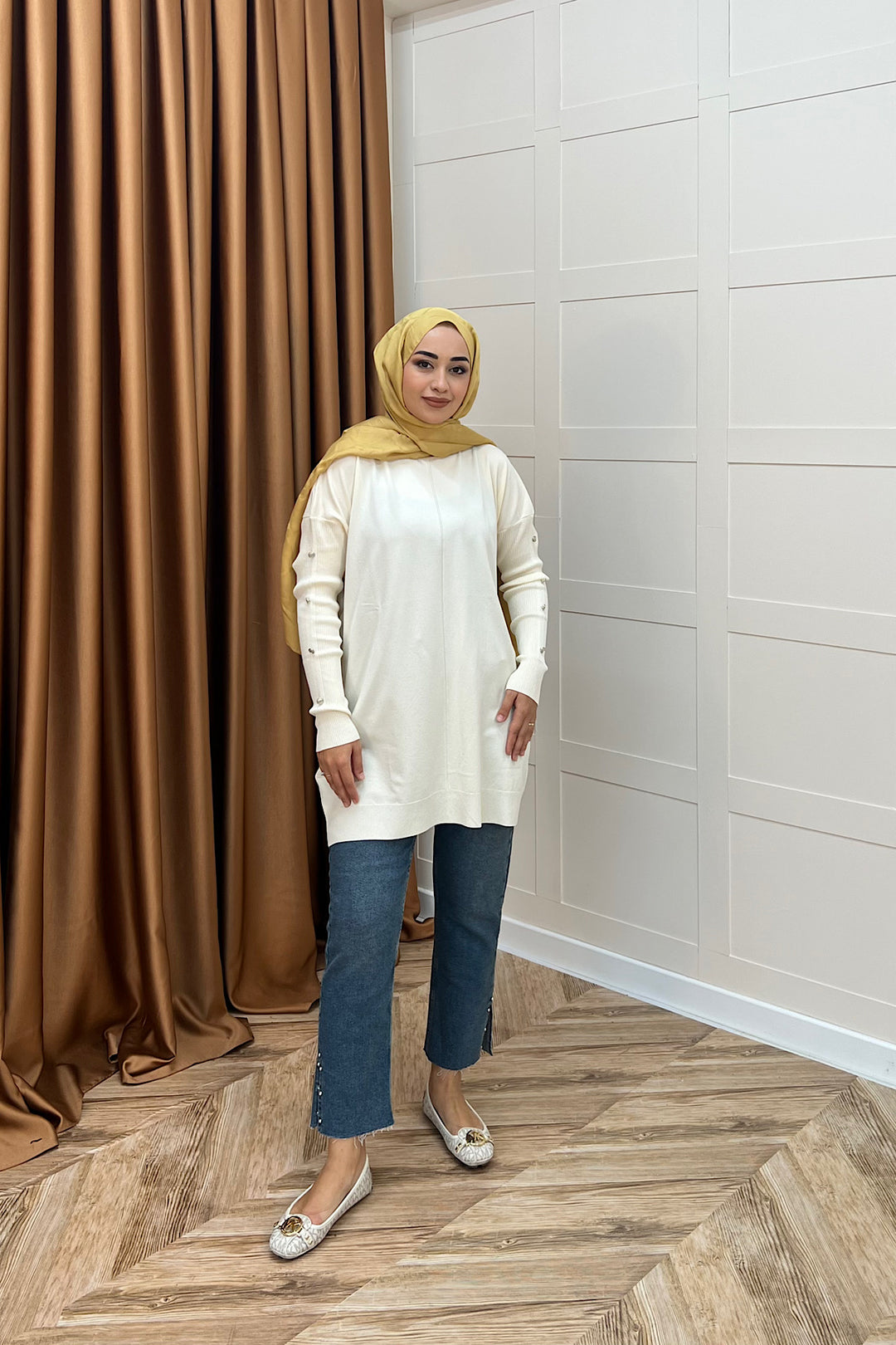 Kol Düğmeli Triko Tunik Ekru 24280-EKRU