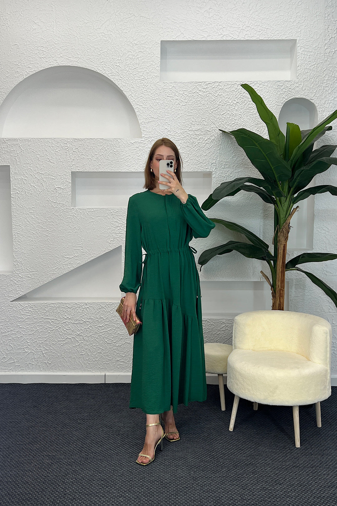 Beli Lastikli Linda Elbise Yeşil 3852-YESIL