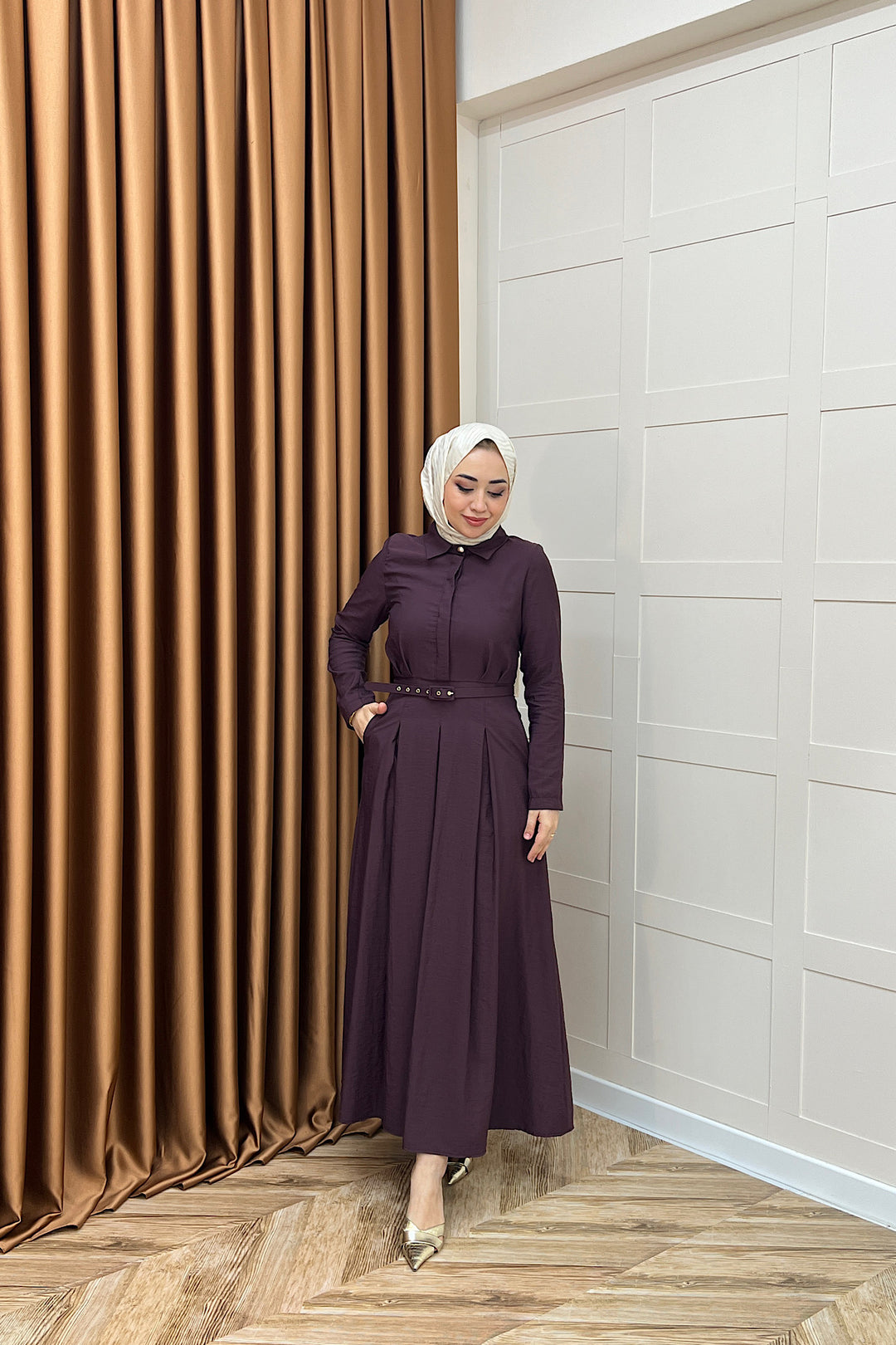 Lunia Kemerli Elbise Mürdüm 5010-MURDUM