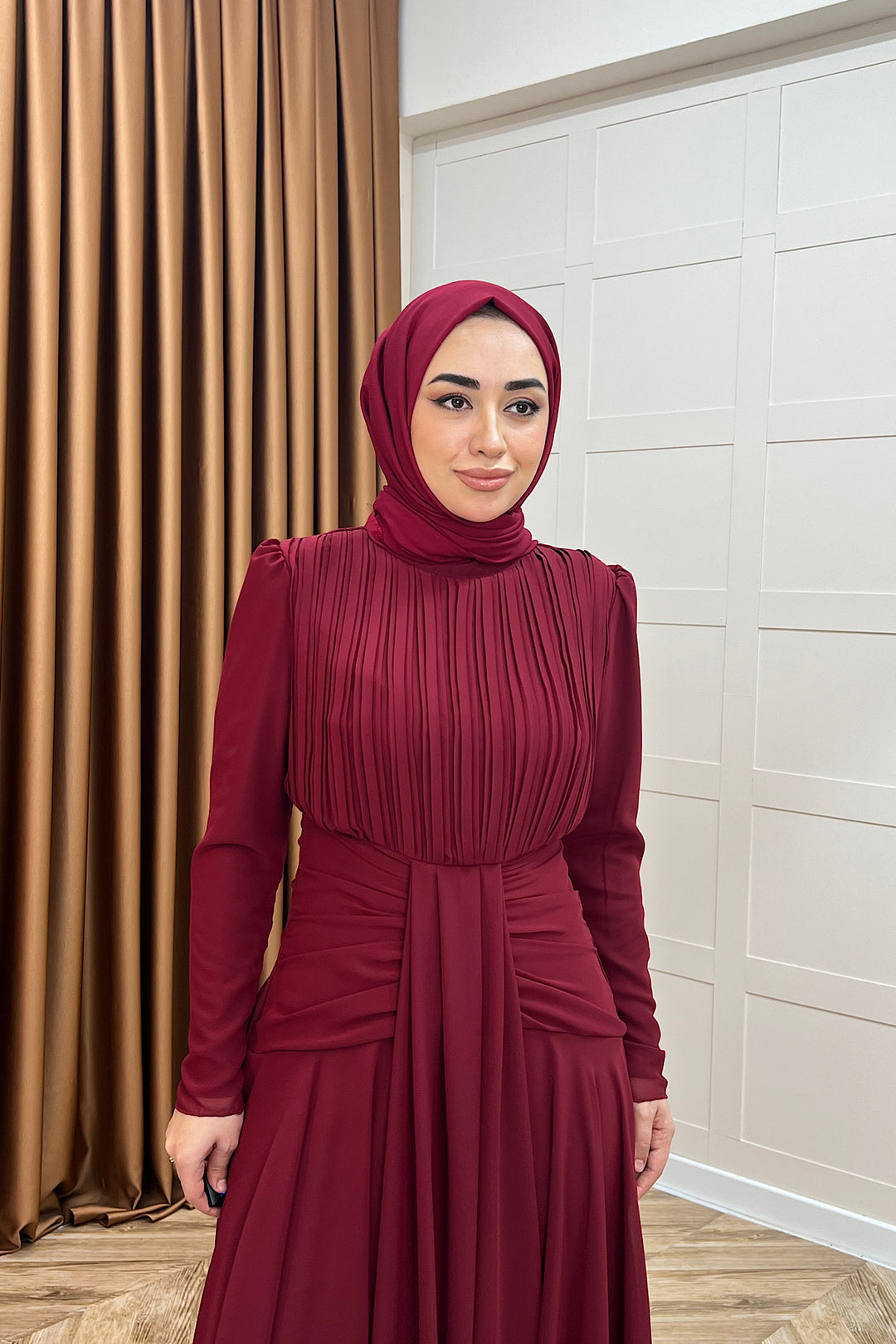 Elanor Bel Detay Şifon Abiye Bordo 3092-BORDO