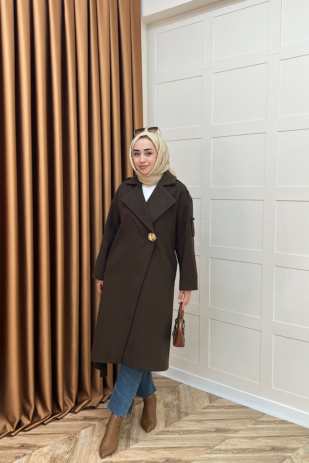 Parya Omuz Detay Kaşe Kaban Kahverengi 5531-KAHVERENGI