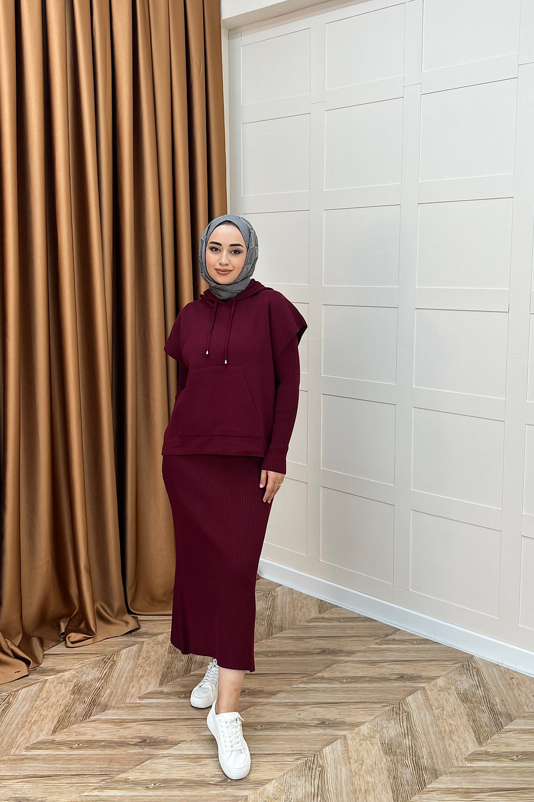 Üst Kapüşonlu İkili Triko Elbise Bordo 25290-BORDO