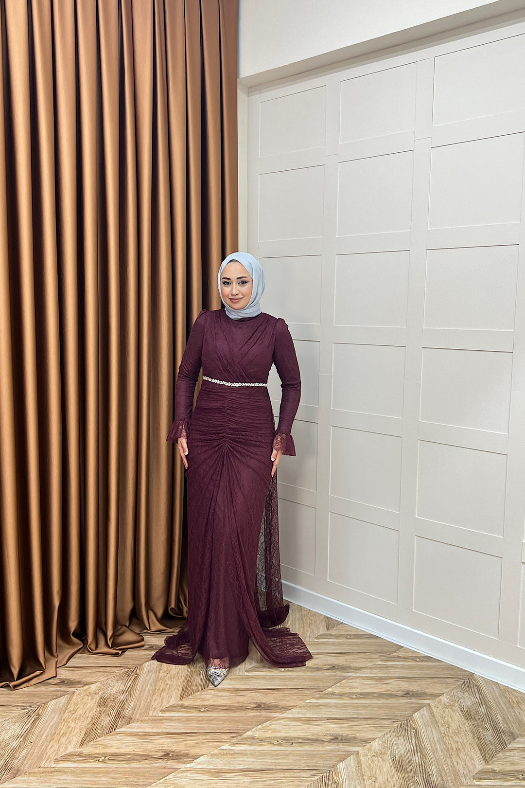 Sofia Taş Detay Dantel Abiye Bordo 3108-BORDO