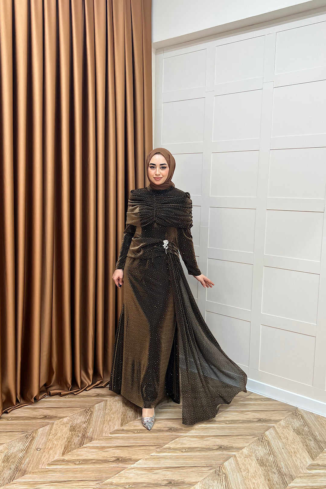 Helena Çiçek Taşlı Abiye Kahverengi 3097-KAHVERENGI