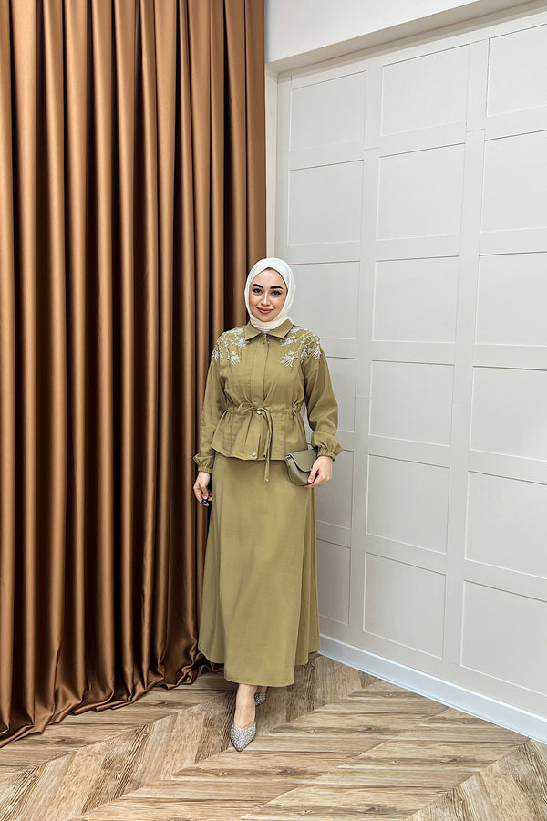 Laura Taş İşlemeli Etek Takım Yağ Yeşili 02969-YAGYESILI