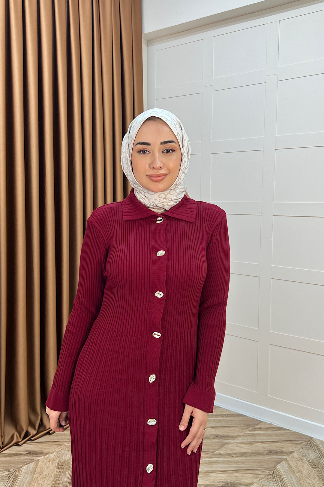 Endam Düğmeli Triko Elbise Bordo 10201-BORDO