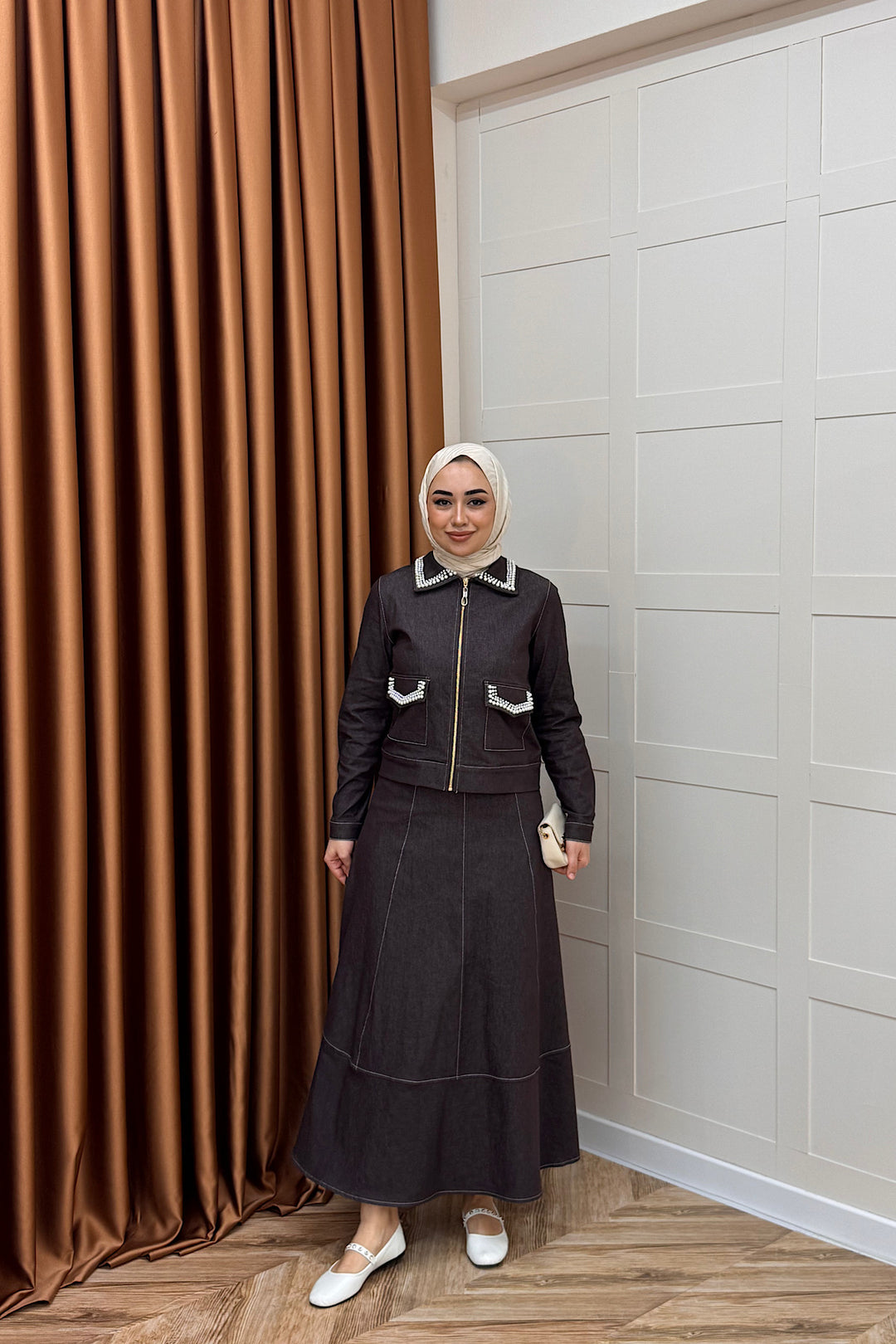 Klara İnci Detay Kot Takım Kahverengi 3095-KAHVERENGI