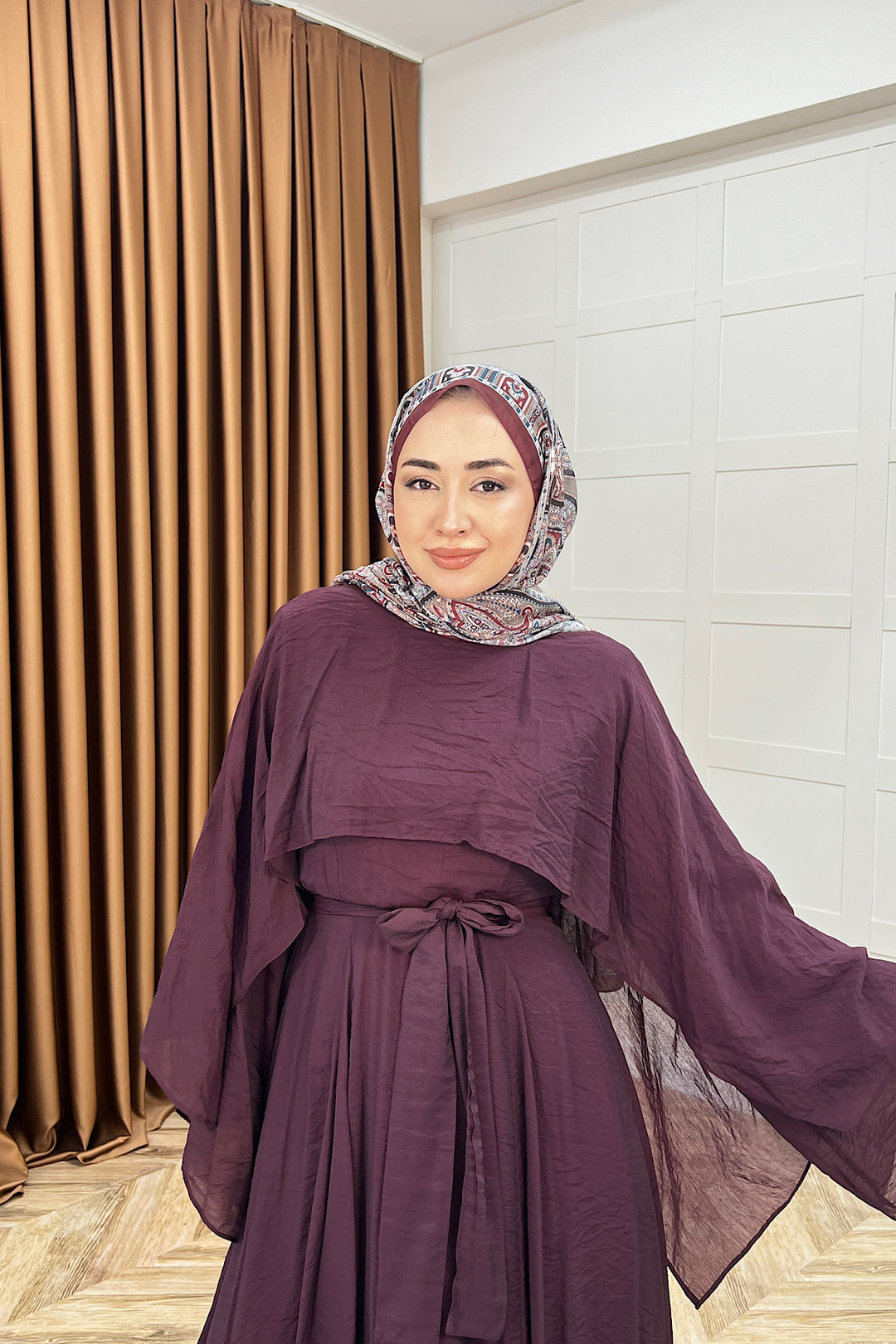 Bella Pelerin Detay Elbise Mürdüm 8054-MURDUM