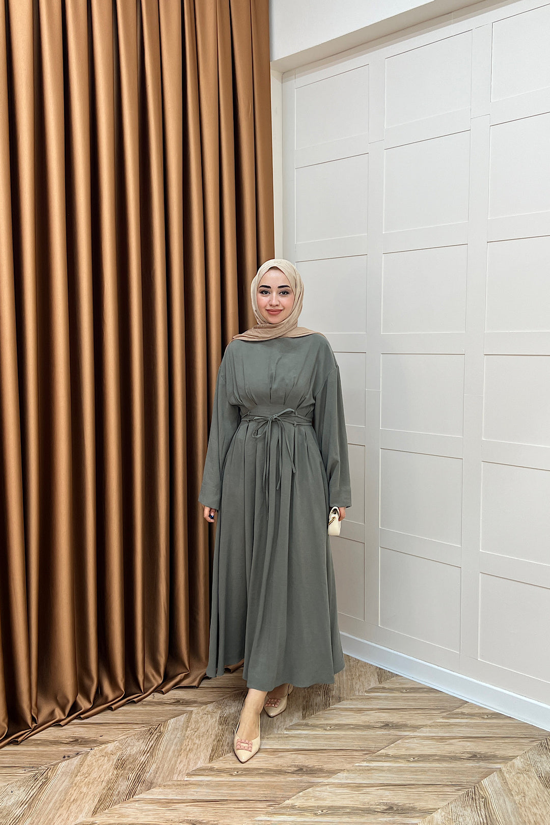 Belden Bağlamalı Cupra Elbise Yeşil 5013-YESIL