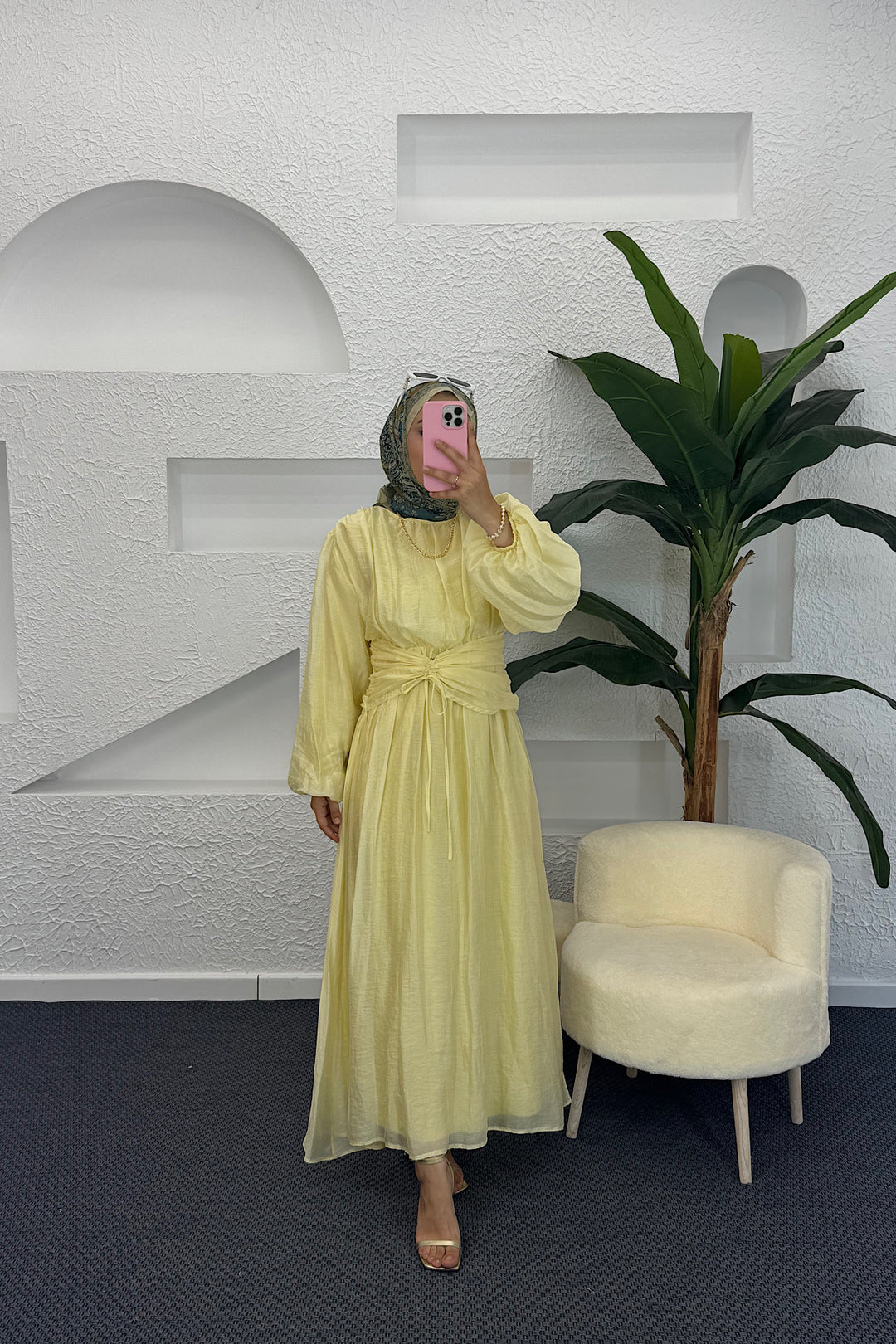 Belden Bağlamalı Elbise Sarı 3372-SARI