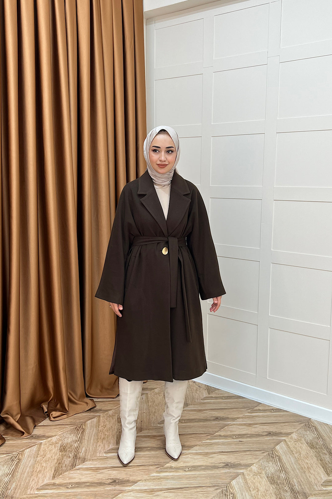 Yıldız Premium Kumaş Kuşaklı Kaban Kahverengi 5515-KAHVERENGI