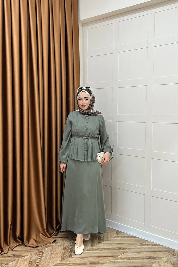 Arya Pileli Etek Takım Yeşil 2654-YESIL