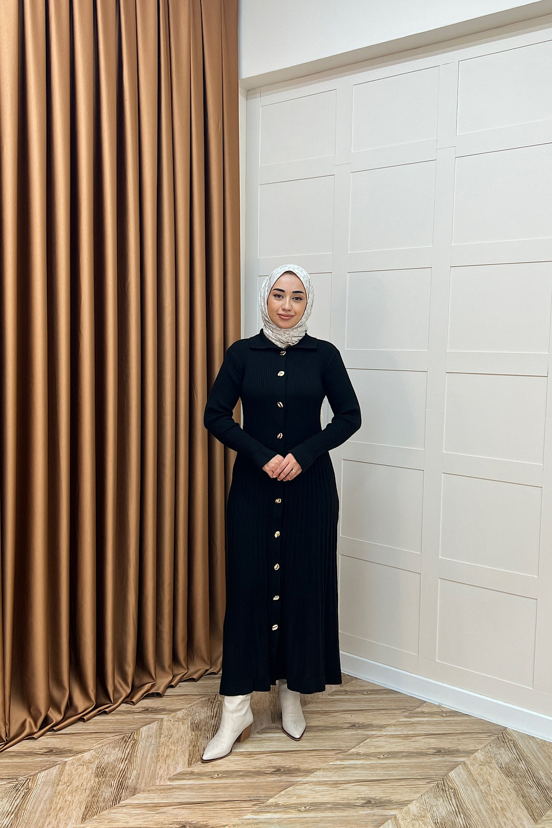 Endam Düğmeli Triko Elbise Siyah 10201-SIYAH