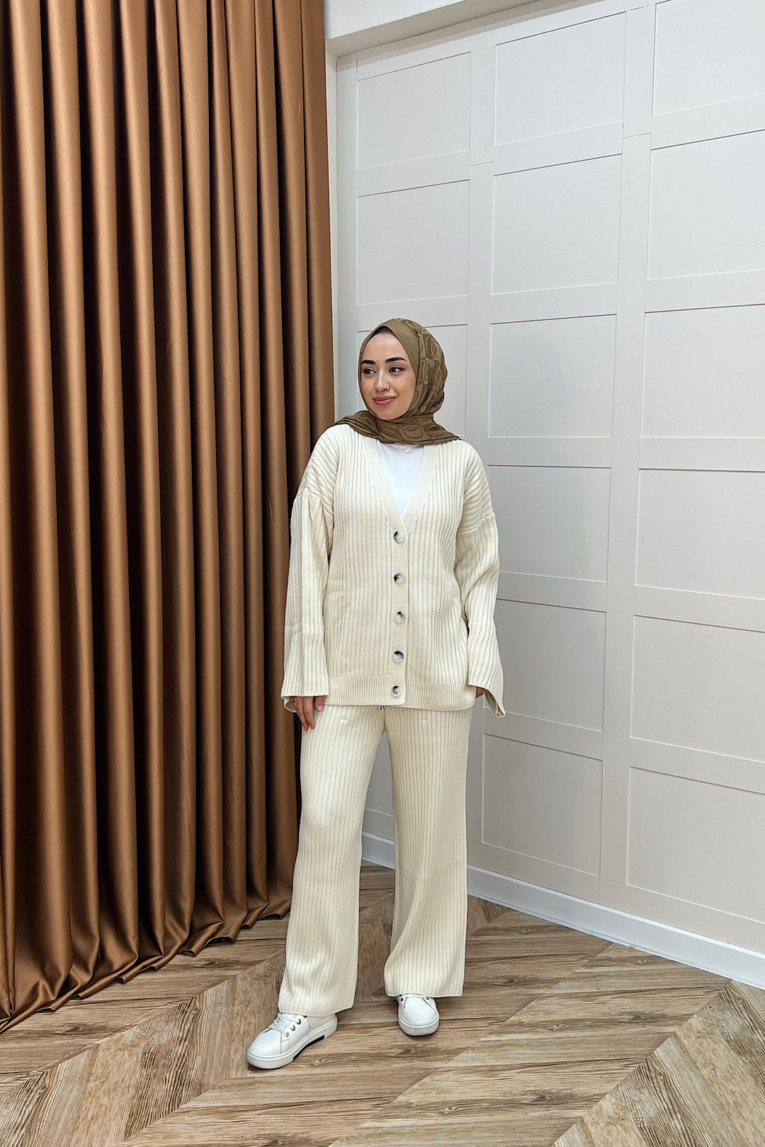 Galata Fitilli Triko Hırka Takım Krem 25630-KREM