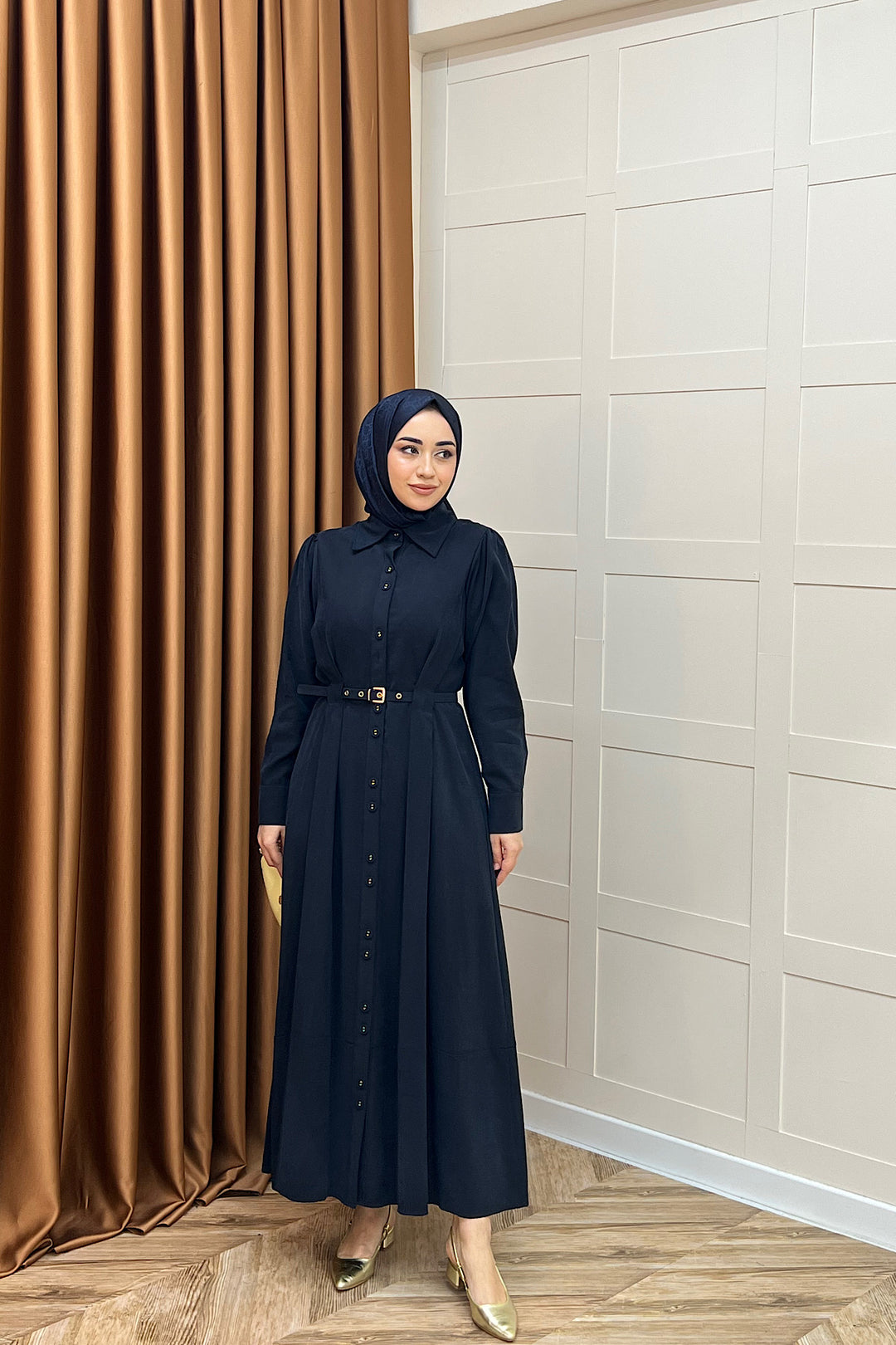 Nisa Boydan Düğmeli Elbise Lacivert 3000-LACIVERT