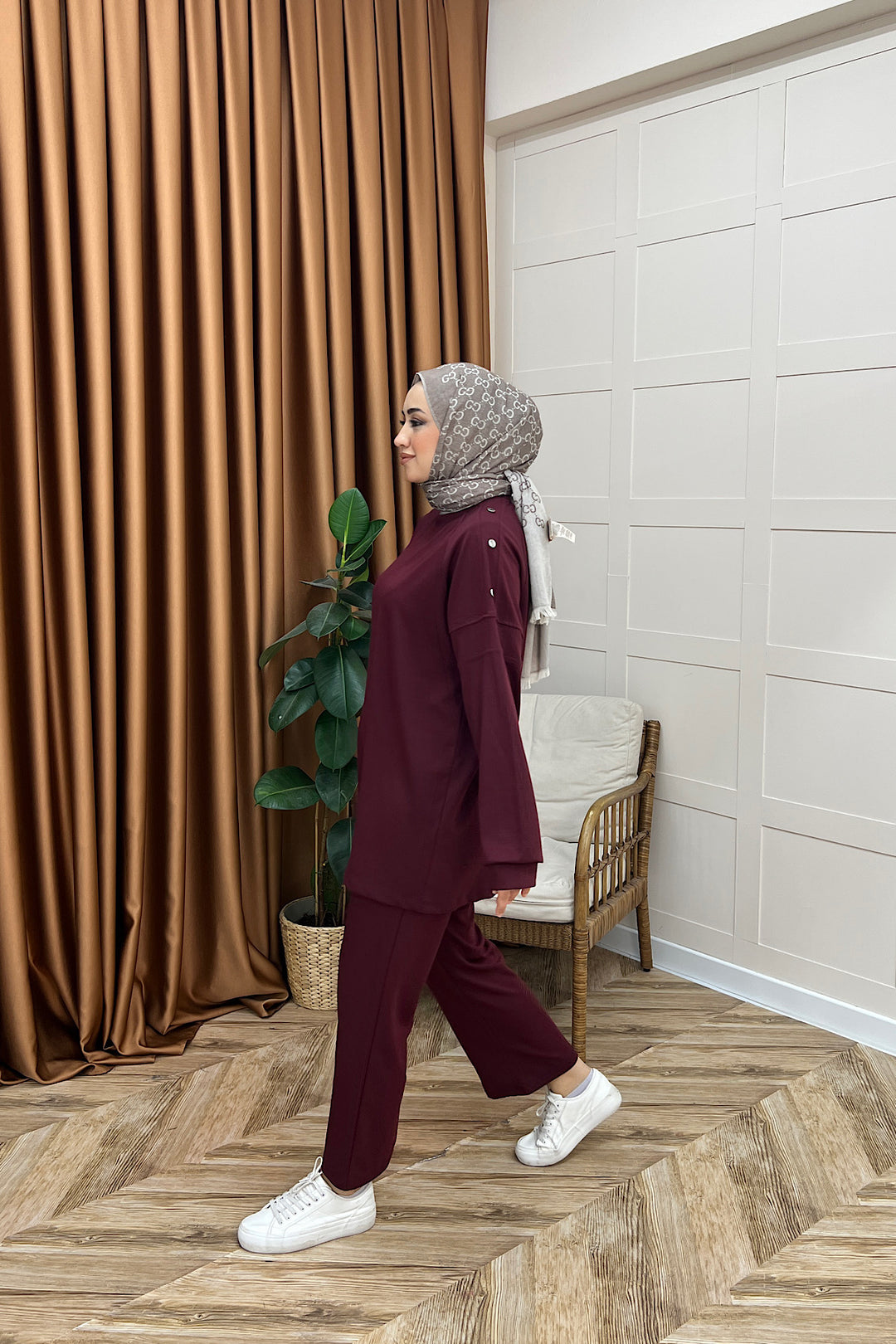 Luna Omuz Düğme Detay İkili Takım Bordo 3139-BORDO