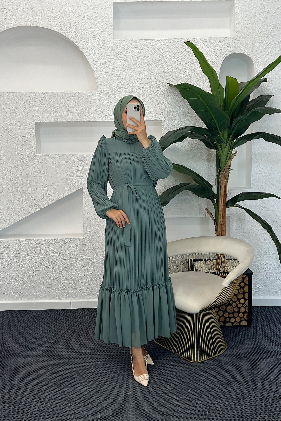 Bella Piliseli Şifon Elbise Mint 04670-MINT