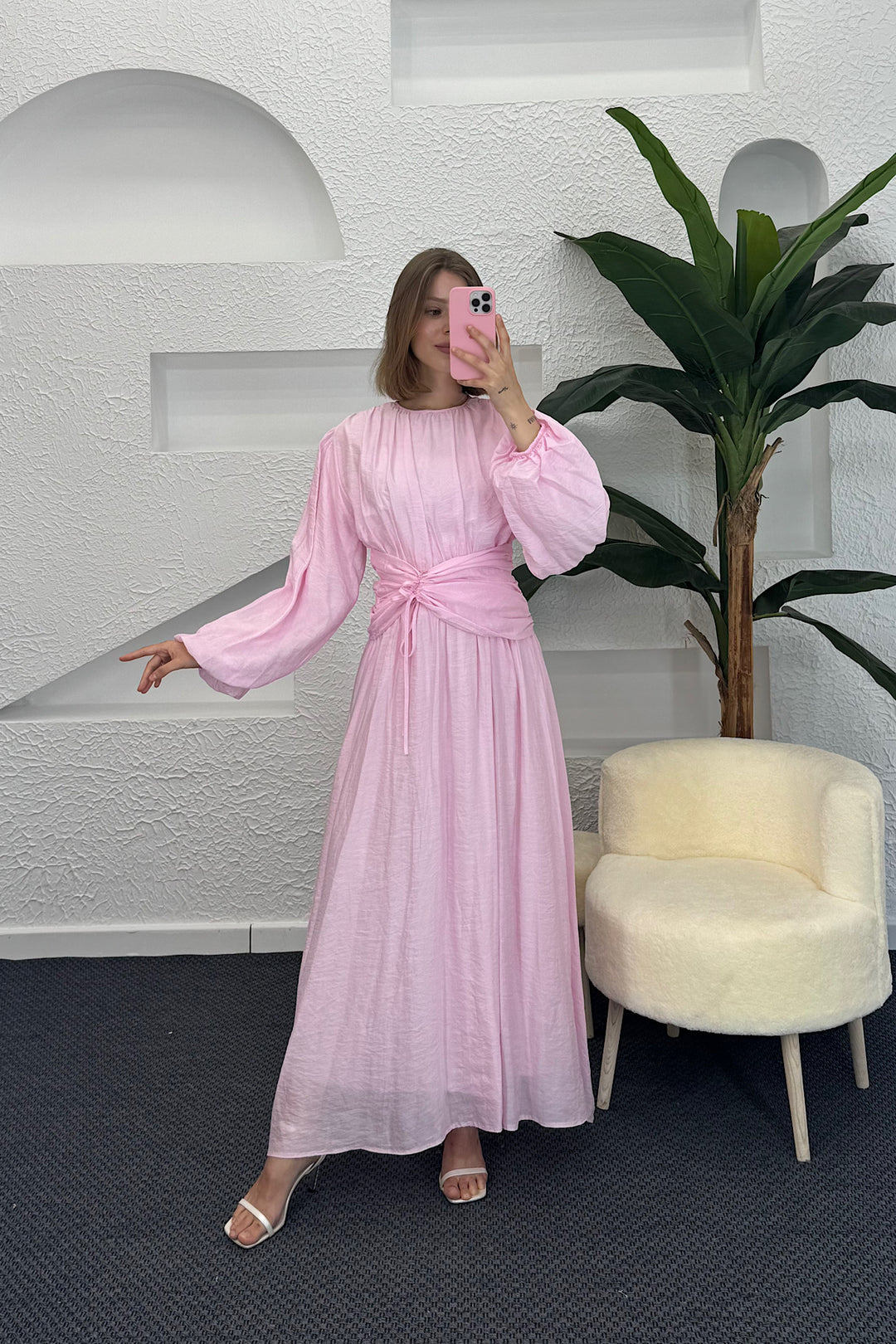 Belden Bağlamalı Elbise Pembe 3372-PEMBE