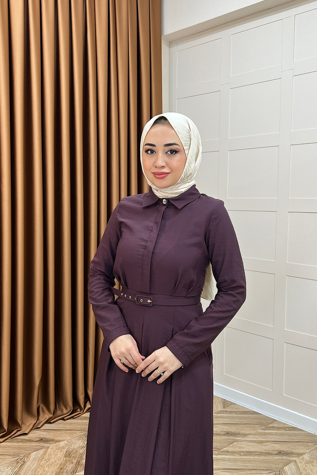 Lunia Kemerli Elbise Mürdüm 5010-MURDUM