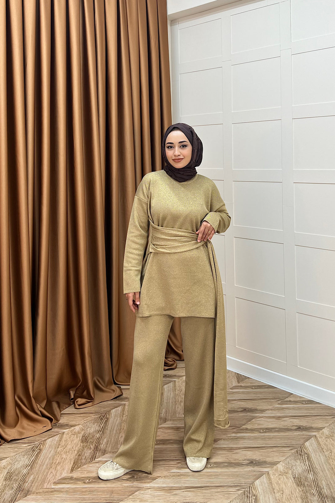Yakamoz Şal Detay Simli Triko Takım Camel 25280-CAMEL