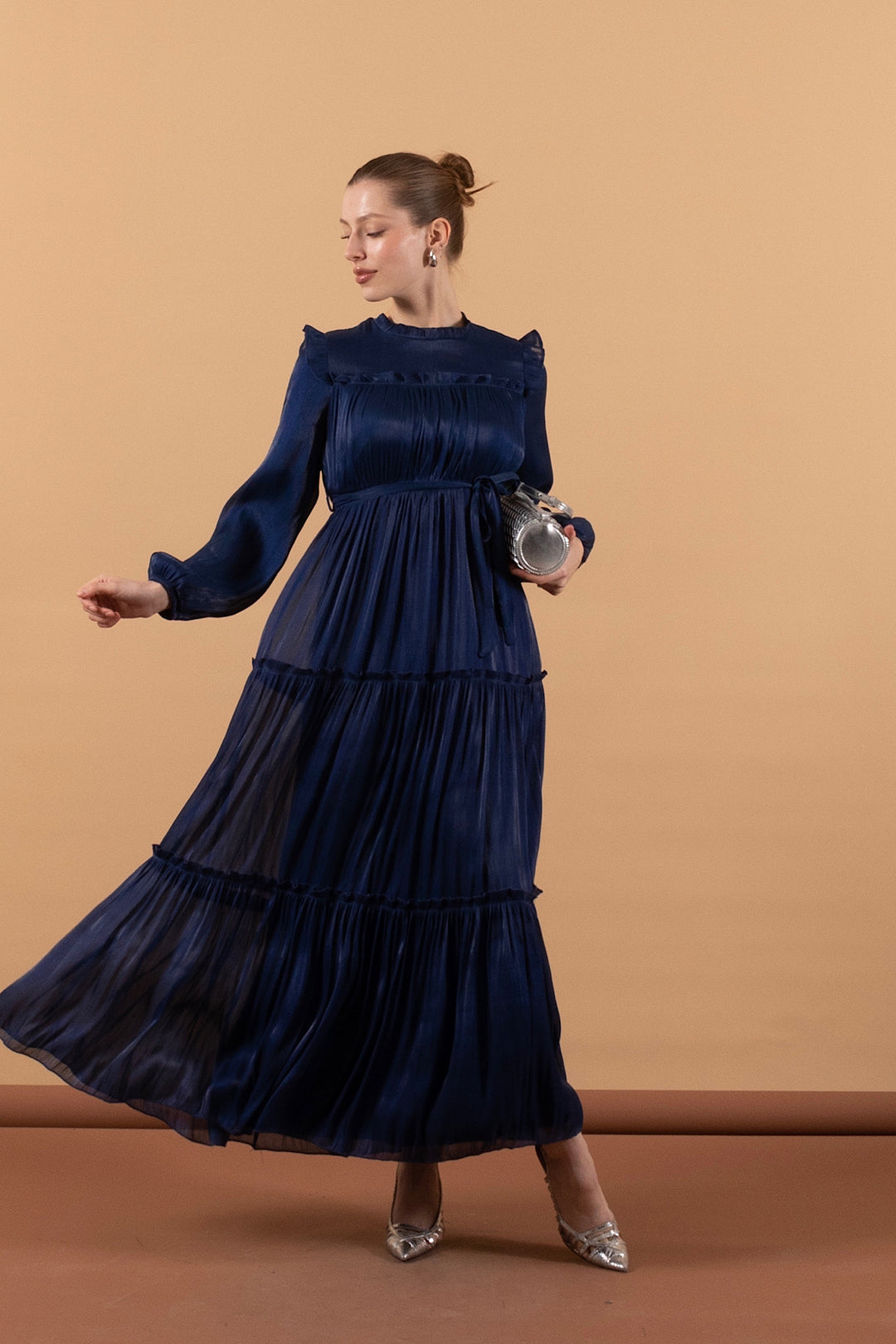 Robalı İpek Elbise Lacivert 3006-LACIVERT