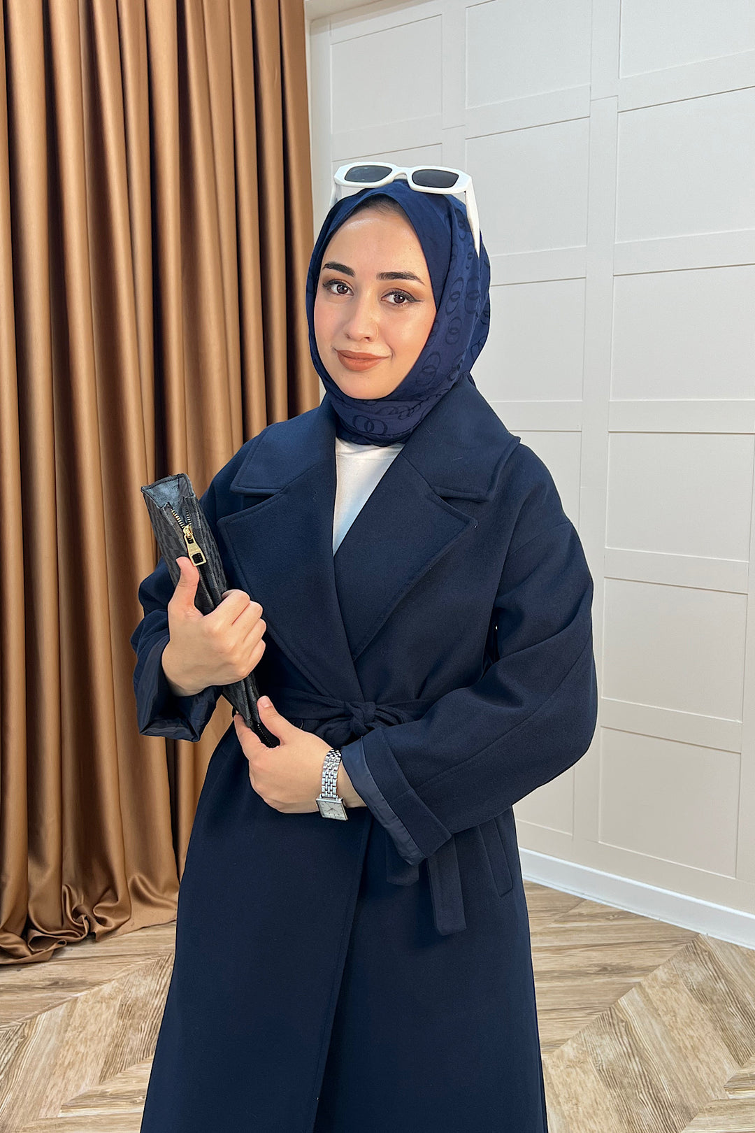 Retro Premium Kumaş Uzun Kaşe Kaban Lacivert 5509-LACIVERT