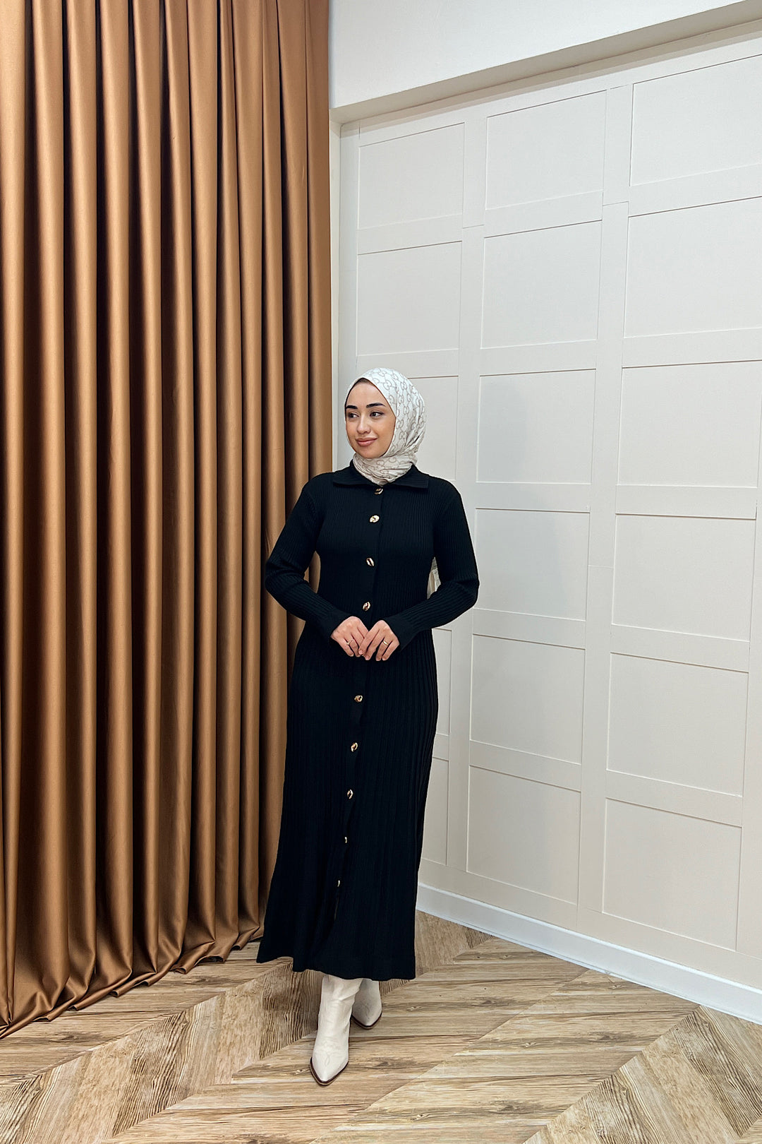 Endam Düğmeli Triko Elbise Siyah 10201-SIYAH