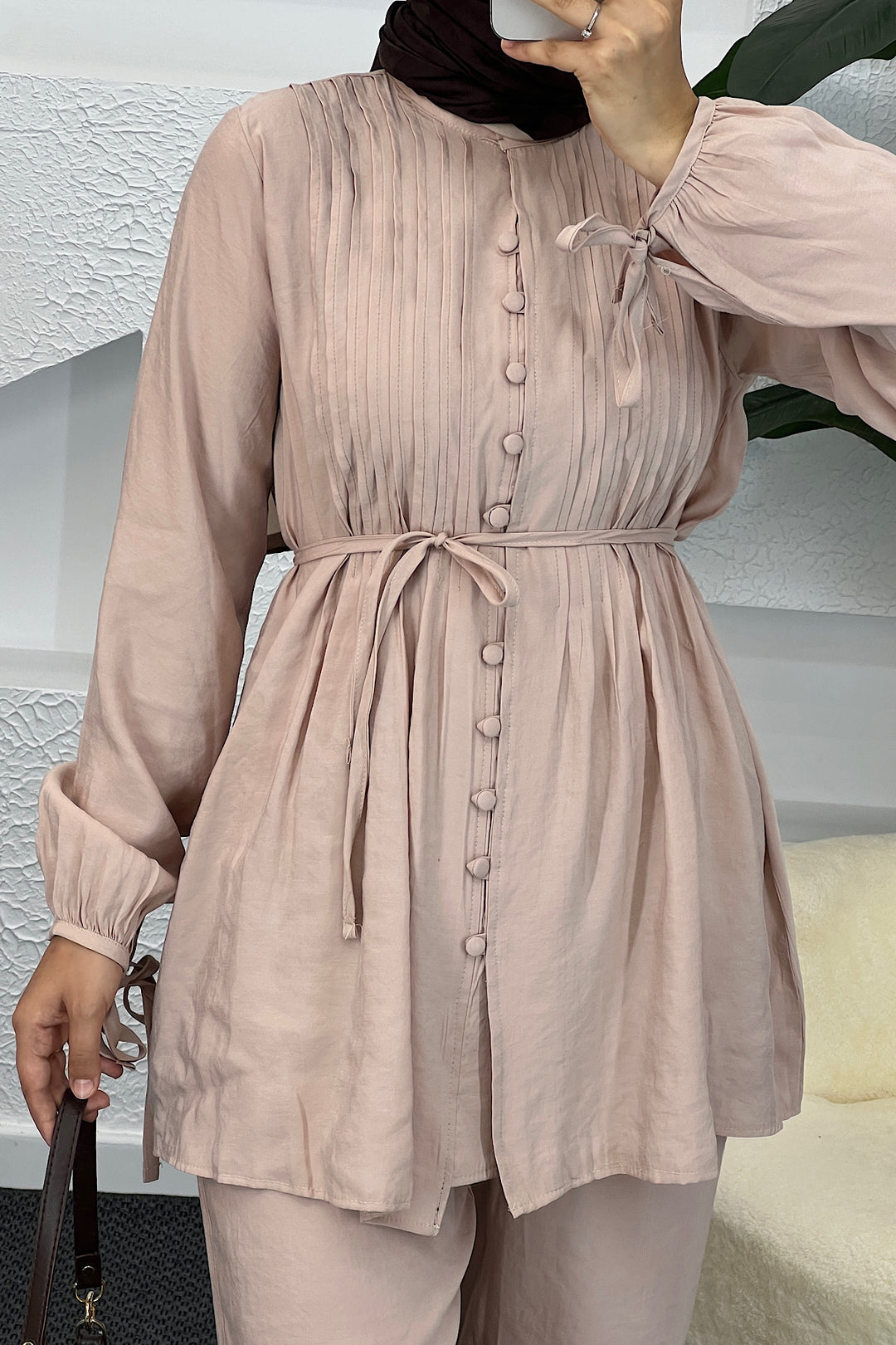 Kolları Bağcık Detay Önden Düğmeli Takım Vizon 1944-VIZON