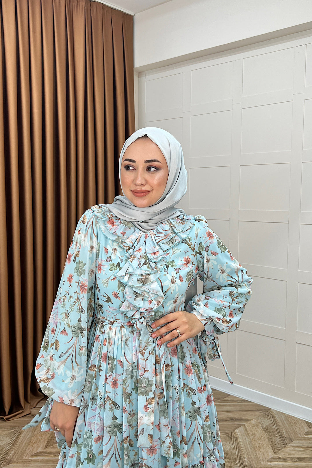 Loreno Yaka Detay Elbise Mavi 03054-MAVI