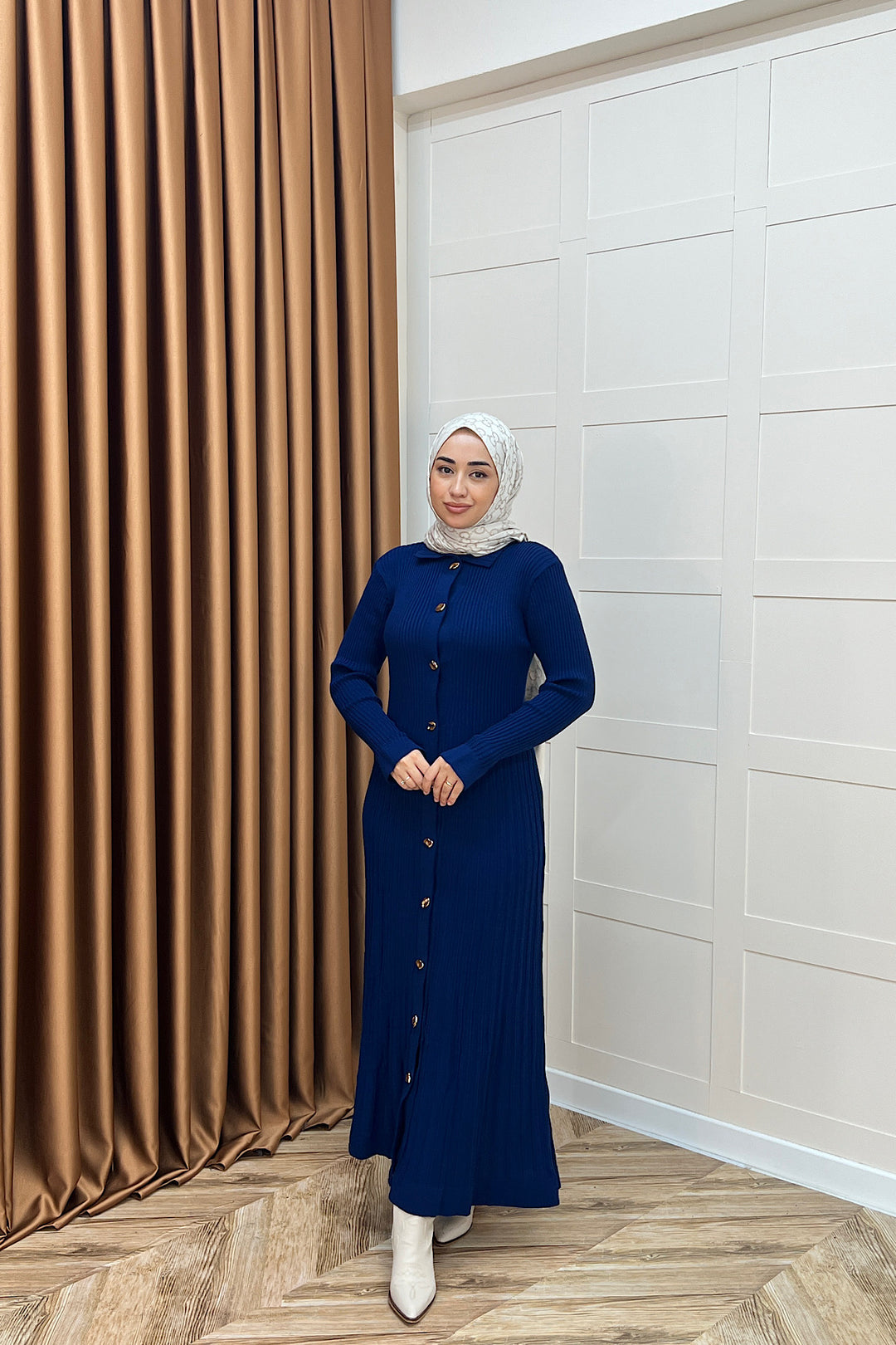 Endam Düğmeli Triko Elbise Lacivert 10201-LACIVERT