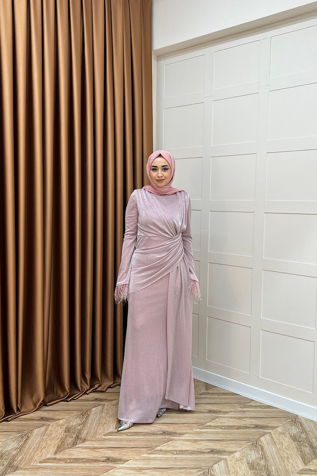 Rosalin Tüy Detay Abiye Pudra 3088-PUDRA