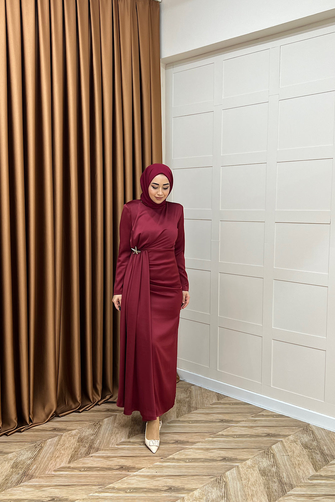 Hazel Saten Abiye Bordo 3084-BORDO