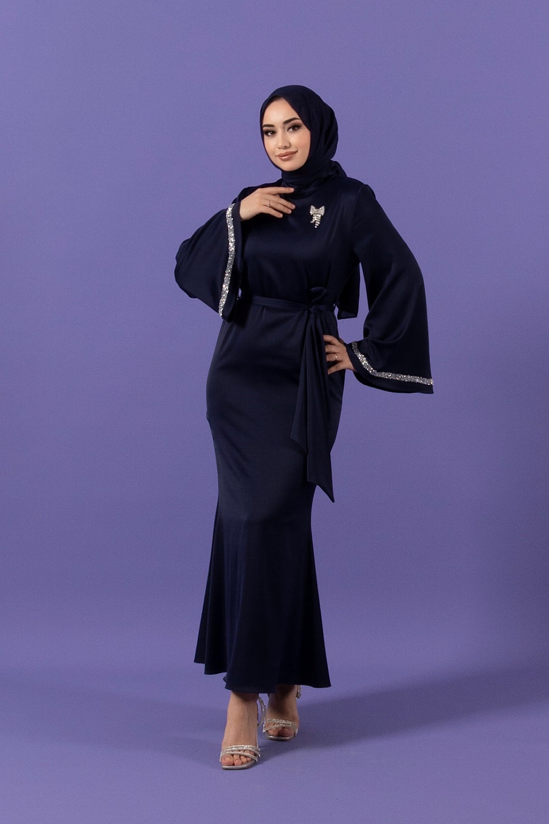 Kolları Taş Detay Saten Abiye Lacivert 3011-LACIVERT