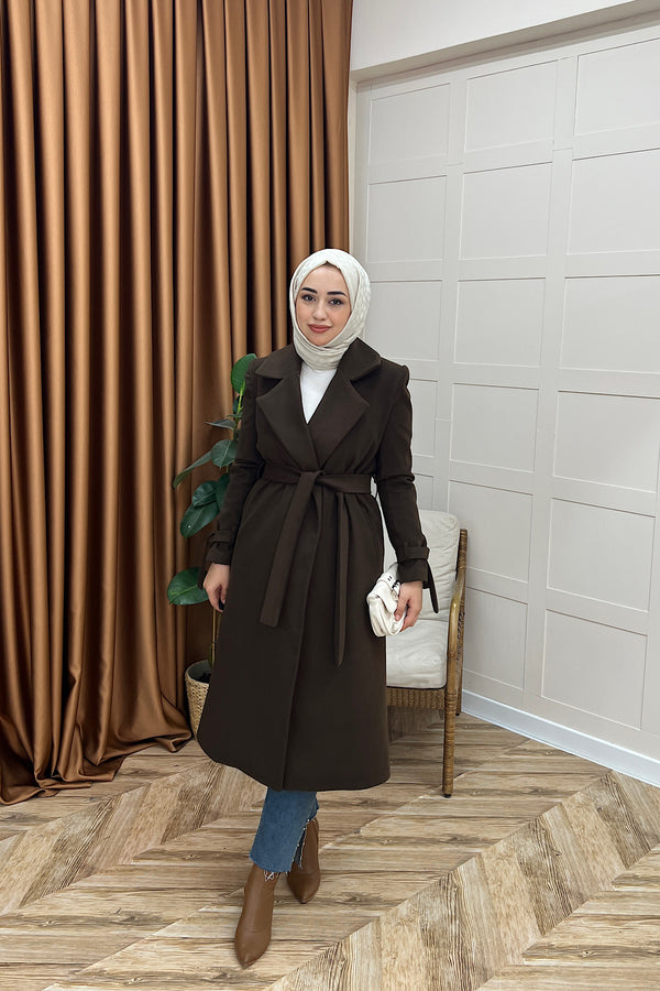 Bilek Detay Kuşaklı Uzun Kaban Kahverengi 05476-KAHVERENGI