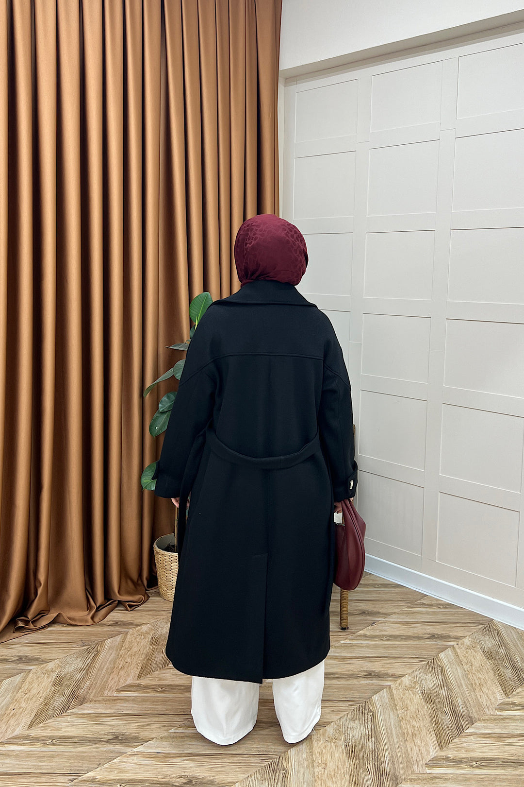 Lara Kuşaklı Kaşe Kaban Siyah 5541-SIYAH