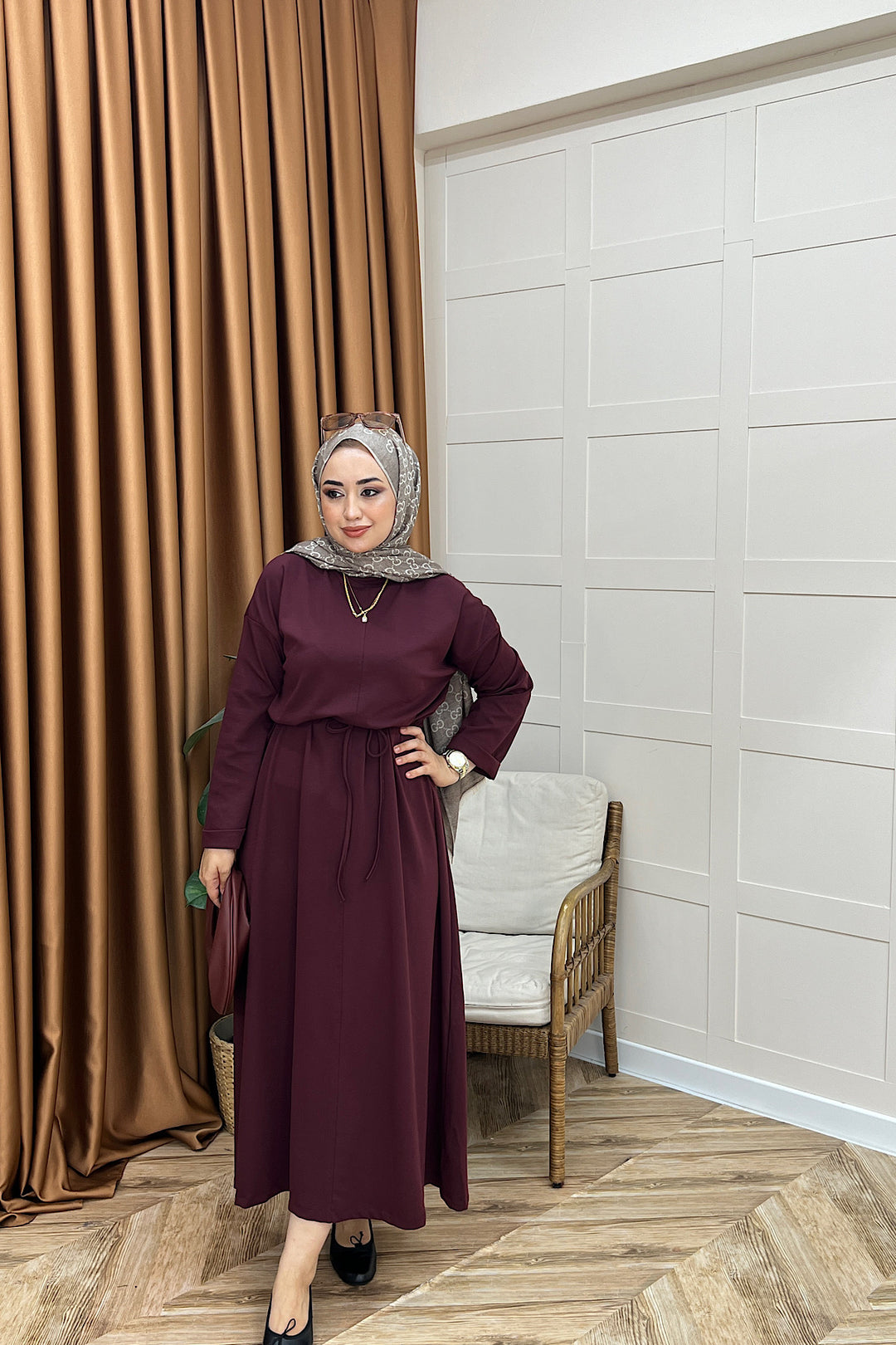 Aura Kuşaklı Elbise Bordo 3138-BORDO