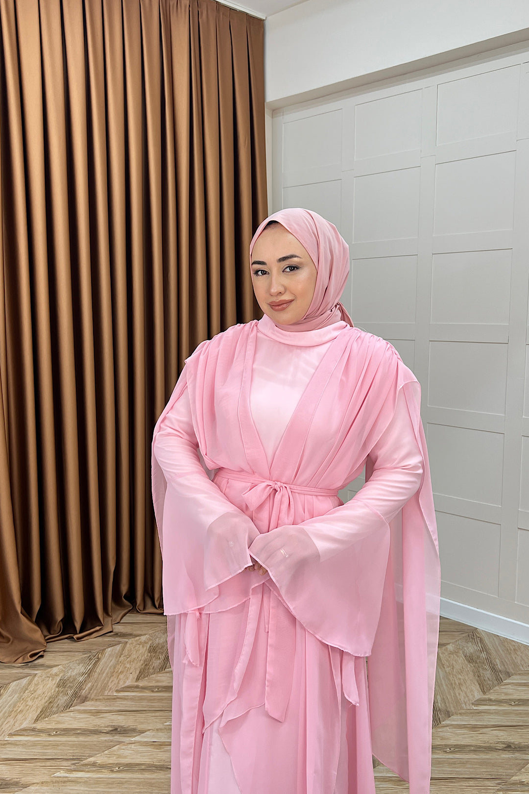 Aliza Büzgülü Şifon Elbise Pembe 2002-PEMBE
